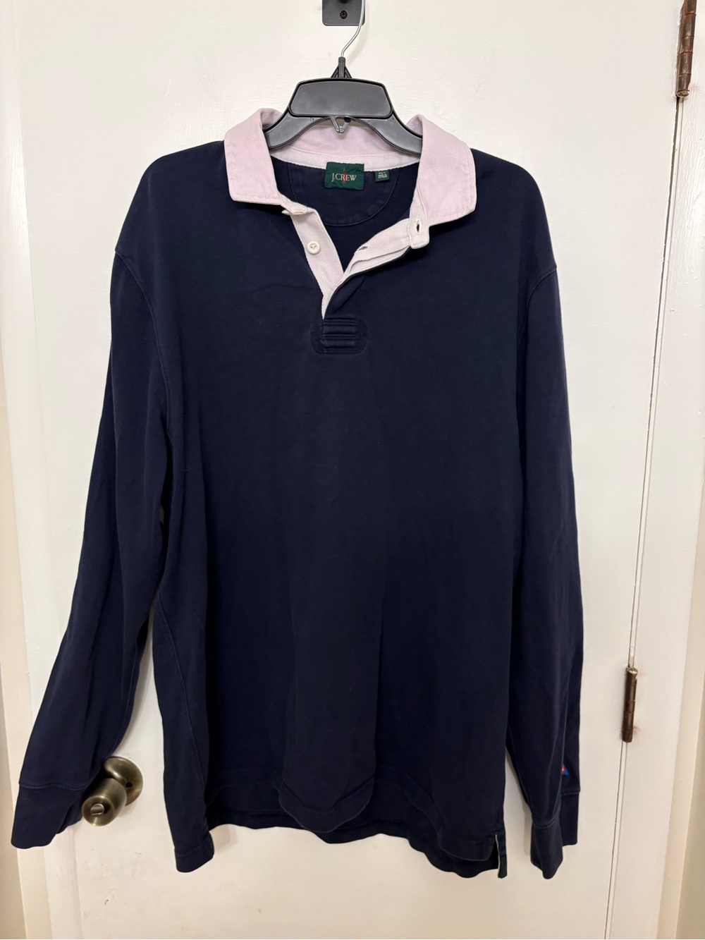 Vintage J.Crew Oarsman Rugby Shirt Mens XLT Navy Blue Pink Collar Elbow Patch